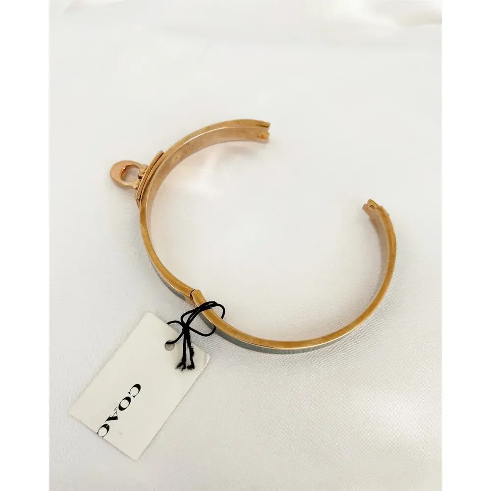 COACH Signature Push Hinged Bangle Green Enamel Rose Gold Toned Brass C Charm - Picture 7 of 10